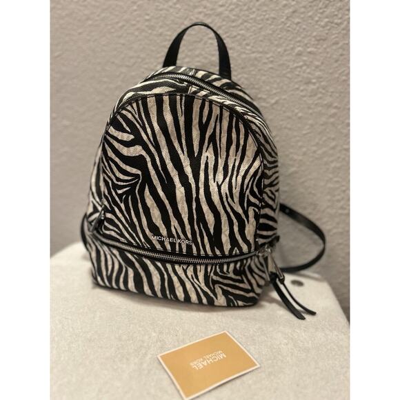 Michael Kors Rhea Zip Medium Zebra Backpack Black/White - Picture 2 of 5